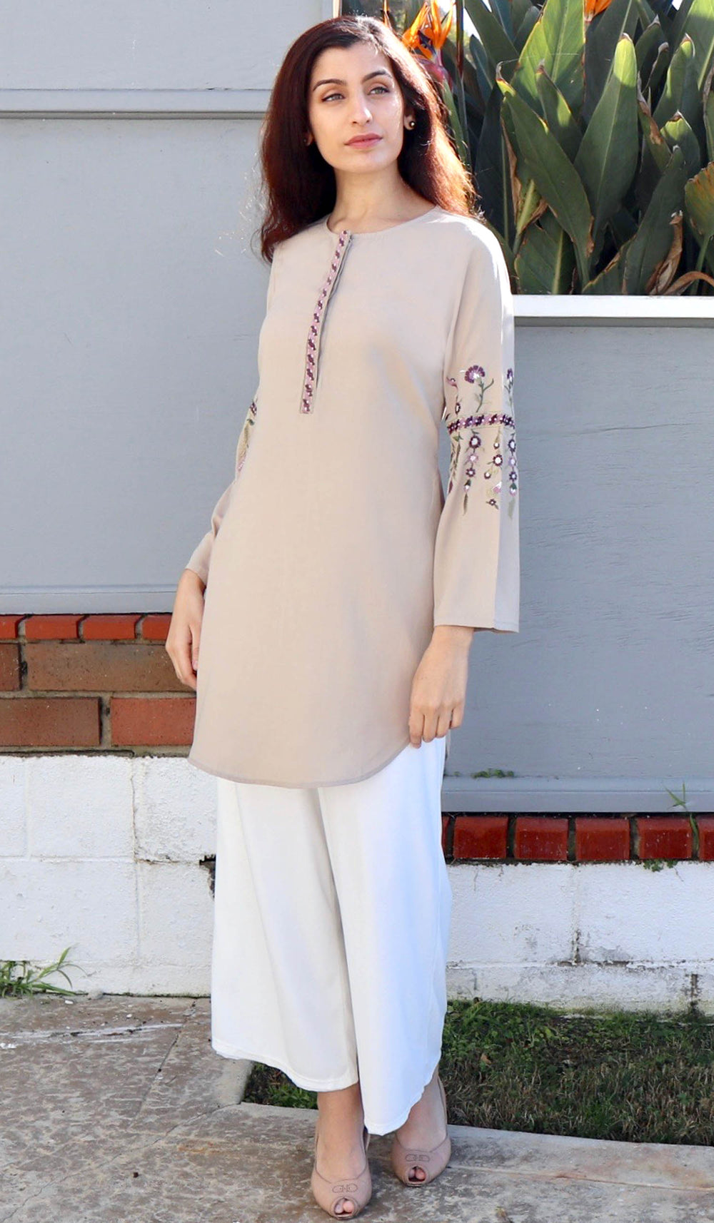 Gulzar Embroidered Long Modest Tunic - Latte