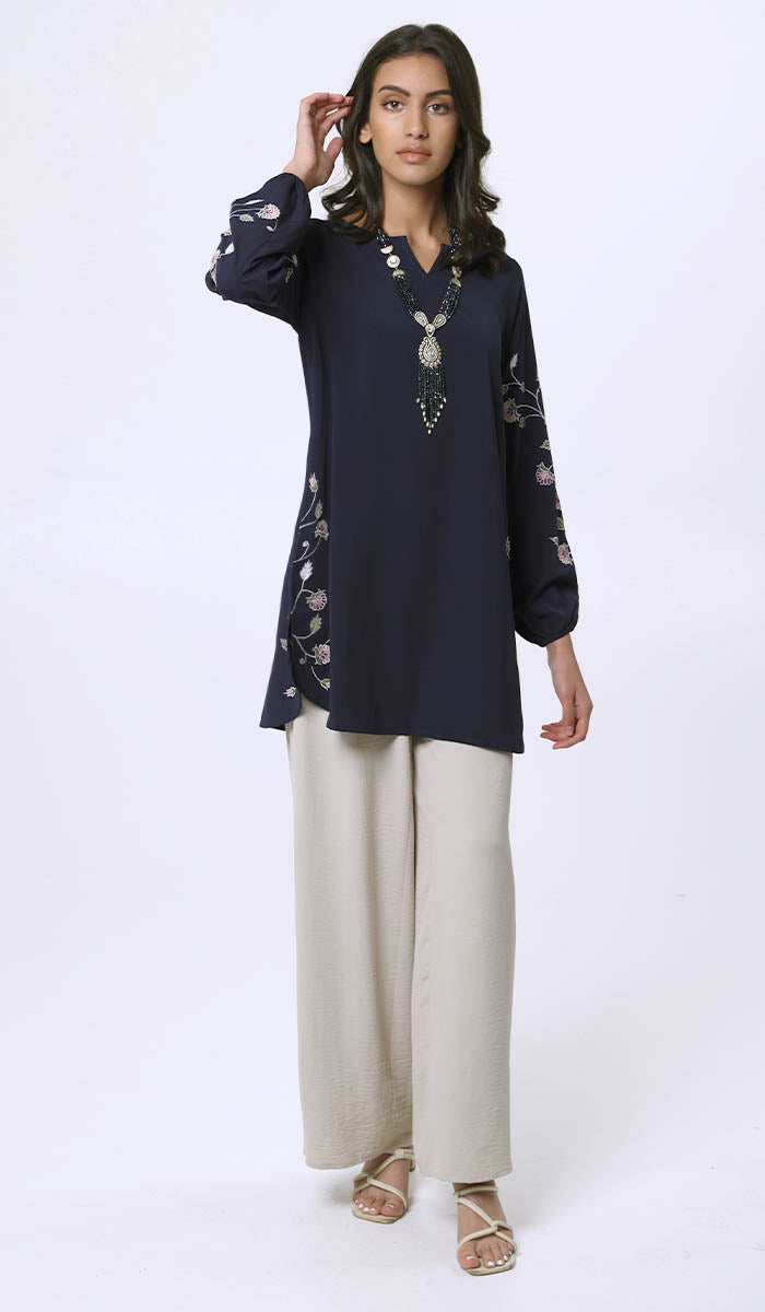 Hadeel Embroidered Long Modest Tunic - Navy