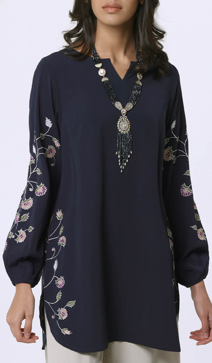 Hadeel Embroidered Long Modest Tunic - Navy