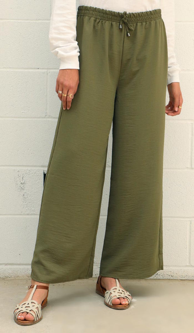 Inaya Olive Green Loose and Flowy Stretch Wide Leg Pants, Modest pants