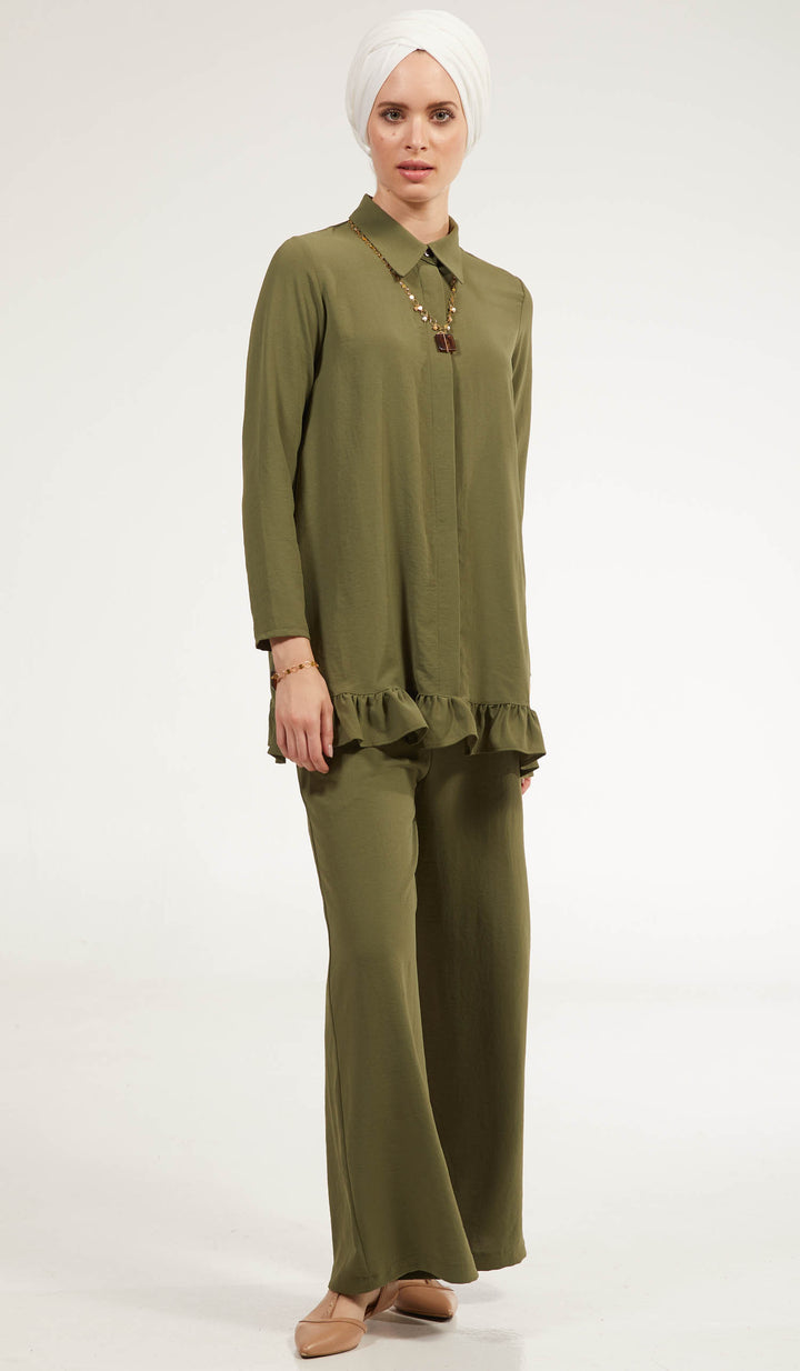 Inaya Flowy Long Modest Buttondown Shirt - Olive