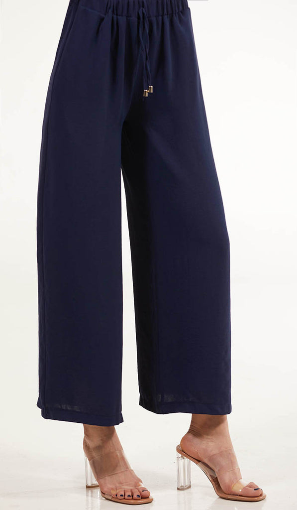 Inaya Navy Blue Loose and Flowy Stretch Wide Leg Pants | Modest