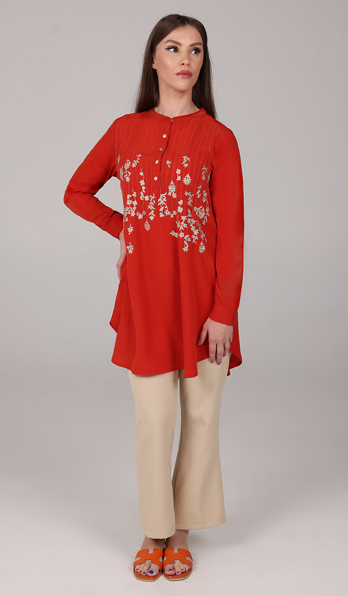 Kamila Gold Embroidered Long Modest Tunic - Russett