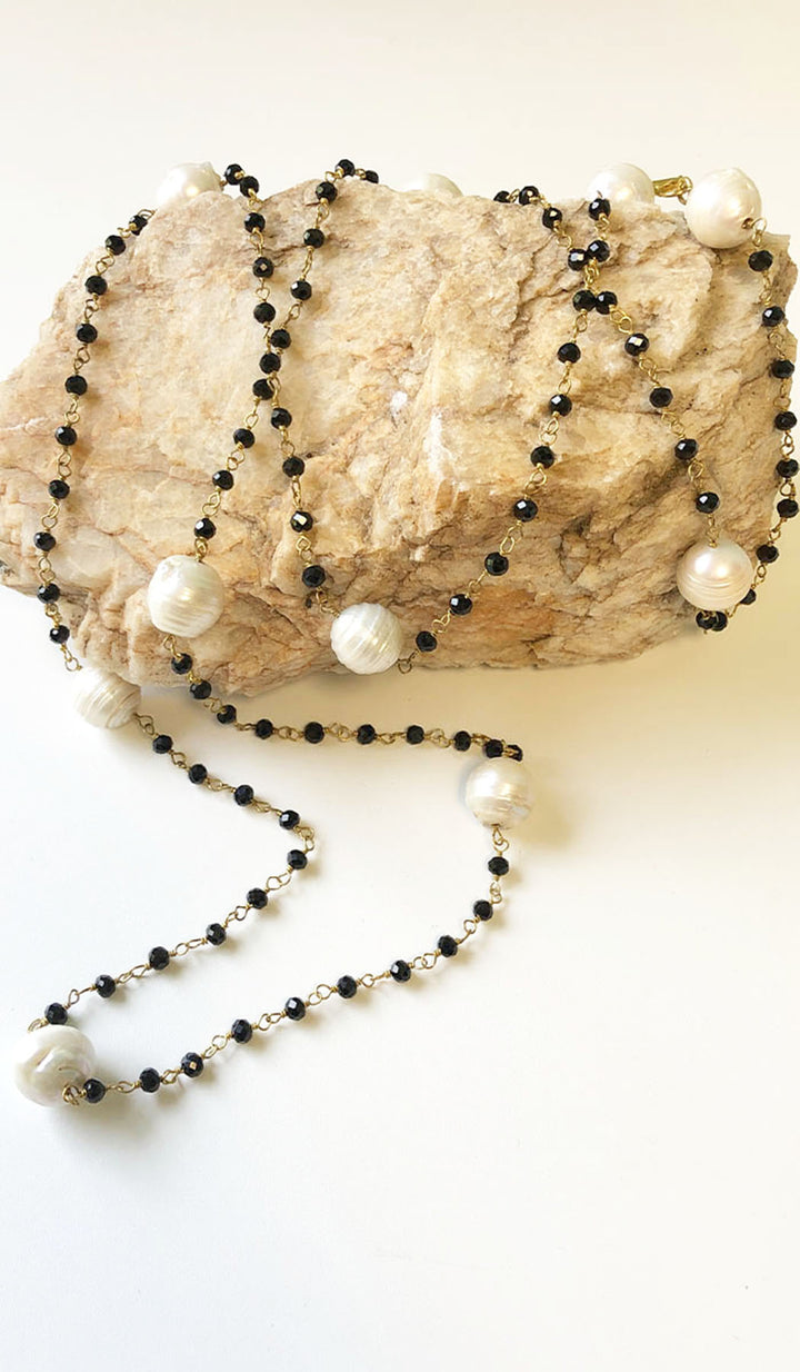 Long Necklace with Baroque Pearls and Black Onyx