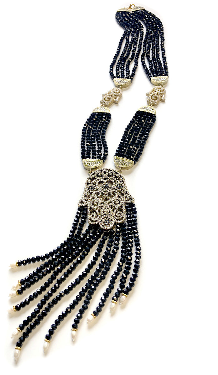 Long Turkish Artisan Khamsa Necklace - Black