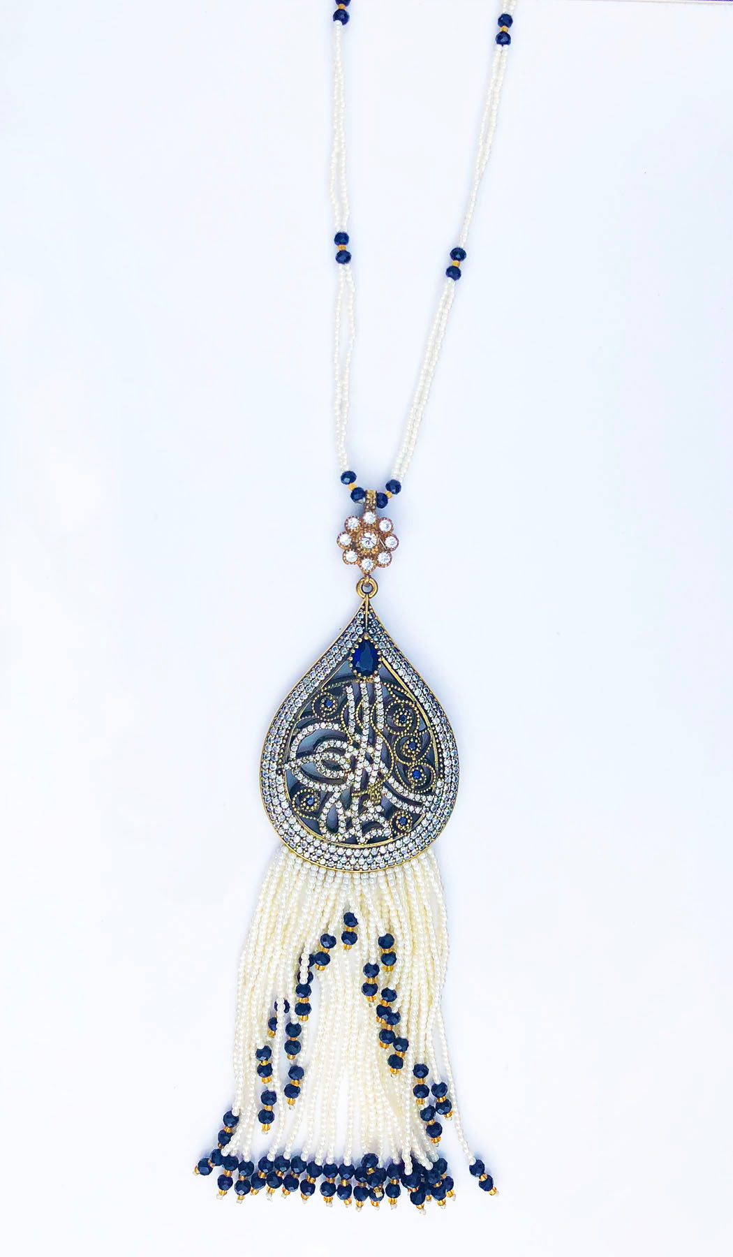 Long Turkish Tughra Tassel Necklace - White & Dark Blue