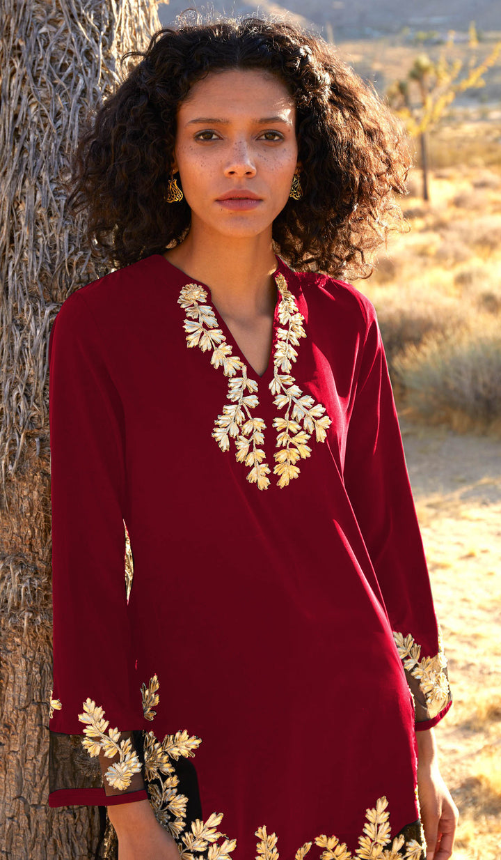 Mahnaz Gold Embellished Long Modest Tunic - Ruby