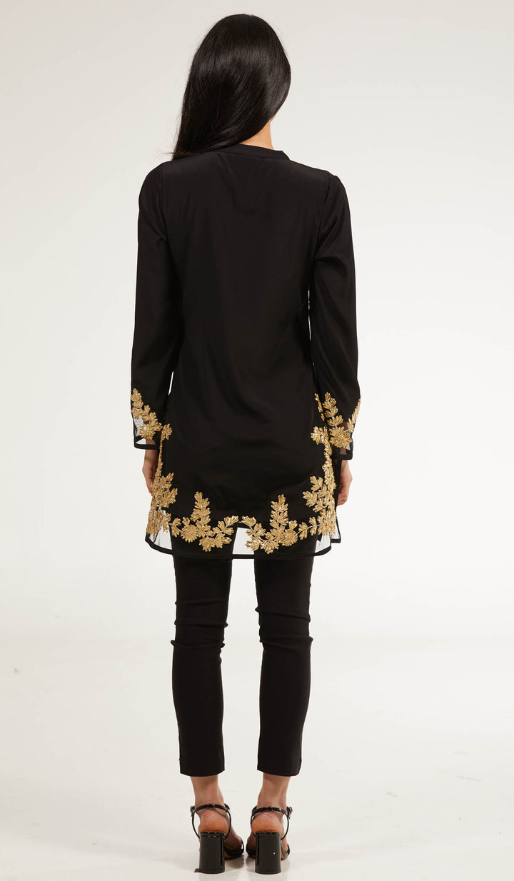 Back view of woman wearing Mahnaz Gold Embellished Modest Tunic in Black.