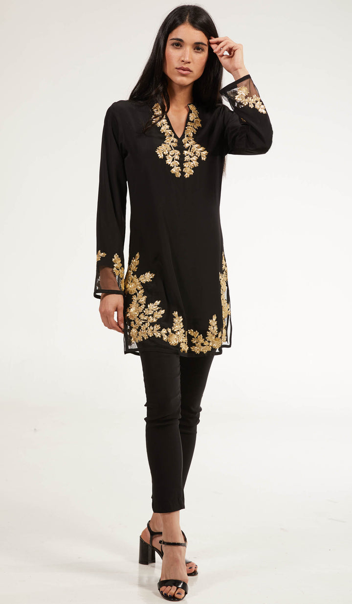 Full body image of woman wearing Mahnaz Gold Embellished Long Modest Tunic in Black.