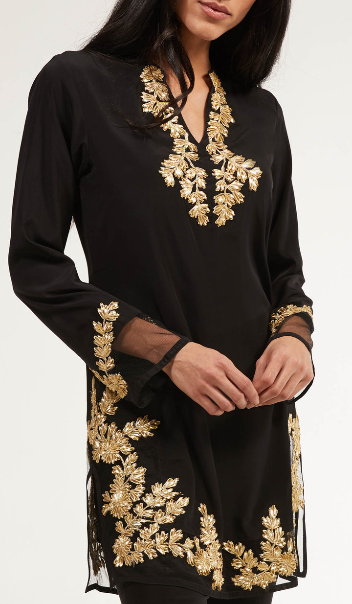 Mahnaz Gold Embellished Long Modest Tunic in Black.