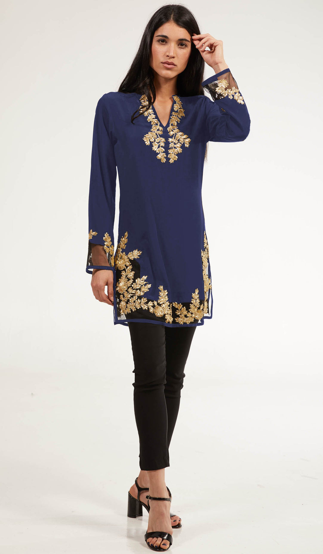 Mahnaz Gold Embellished Long Modest Tunic - Sapphire