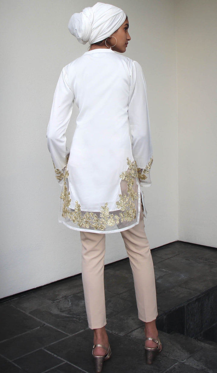 Mahnaz Gold Embellished Long Modest Tunic - Off White