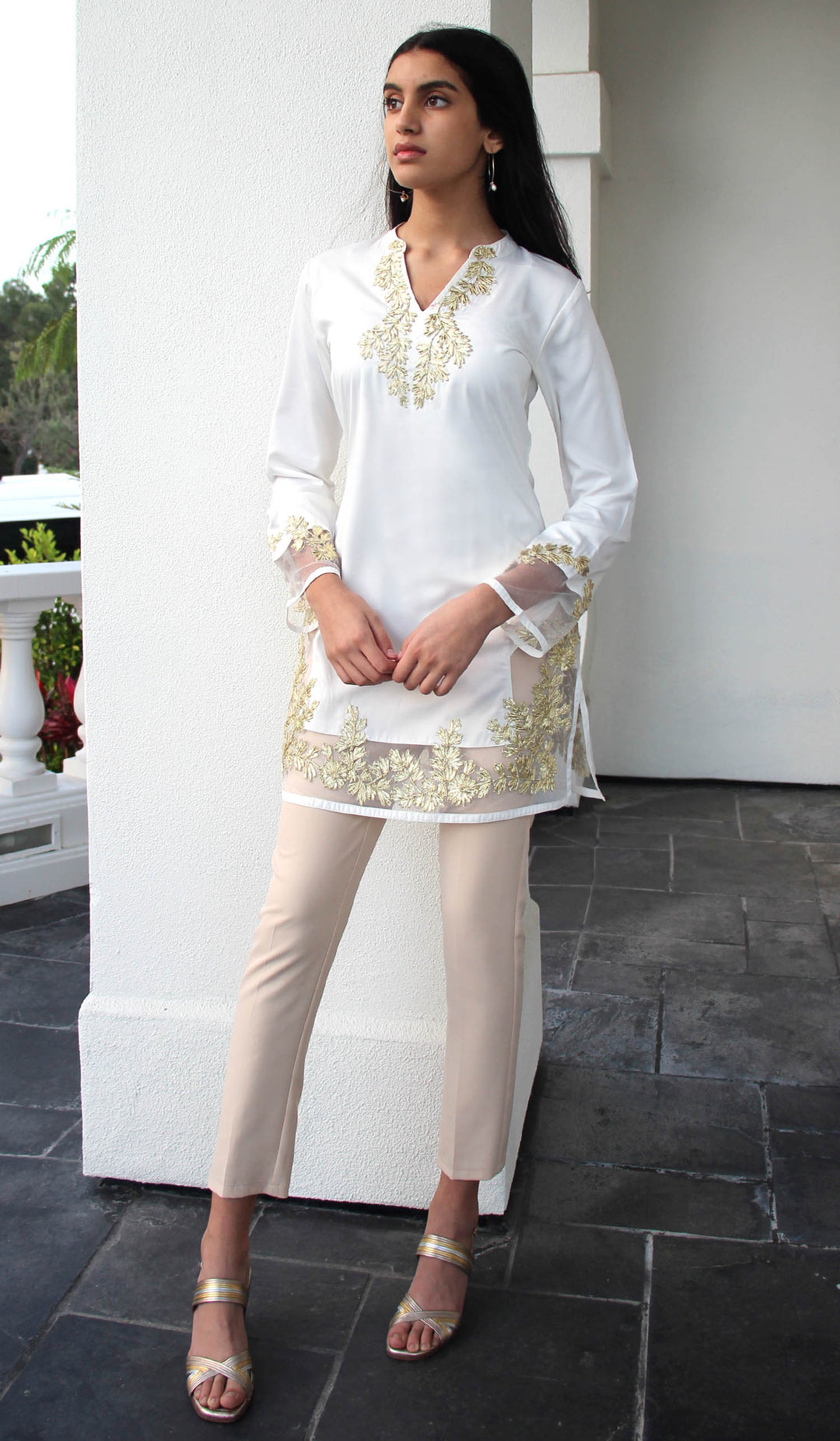 Mahnaz Gold Embellished Long Modest Tunic - Off White