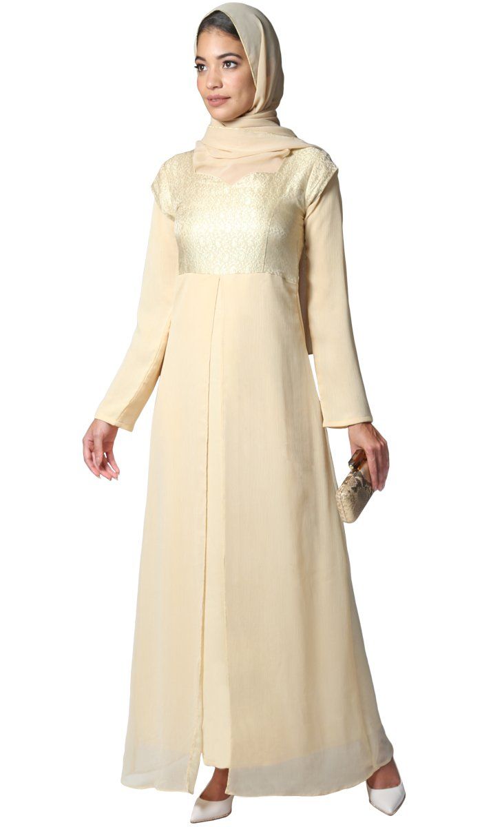 Marcella Long Sleeve Modest Muslim Formal Evening Dress - Beige Gold