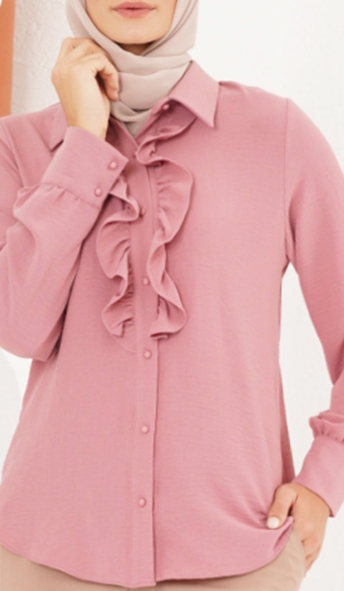 Mona Ruffle Front Button-down Shirt - Dusty Rose - Final Sale