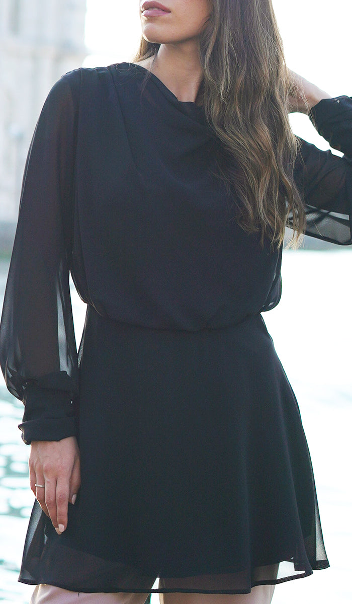 Brunette woman wearing modest Myra chiffon tunic in Black. 