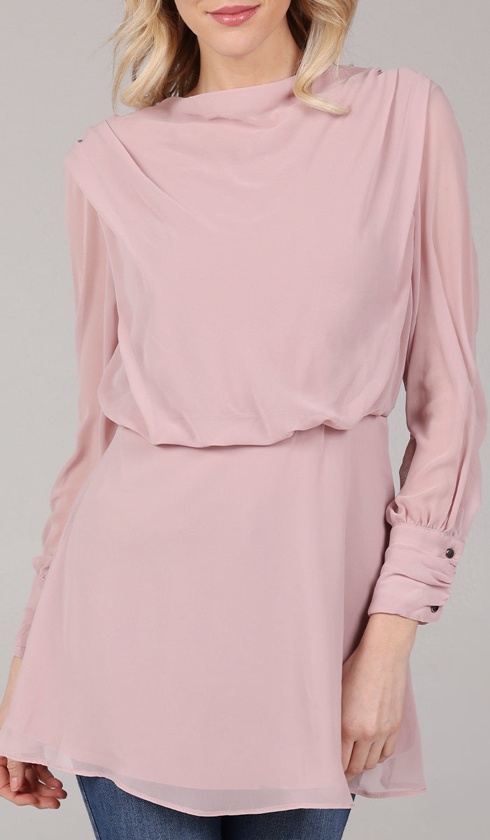 Blonde woman wearing Myra modest tunic in Tearose. 