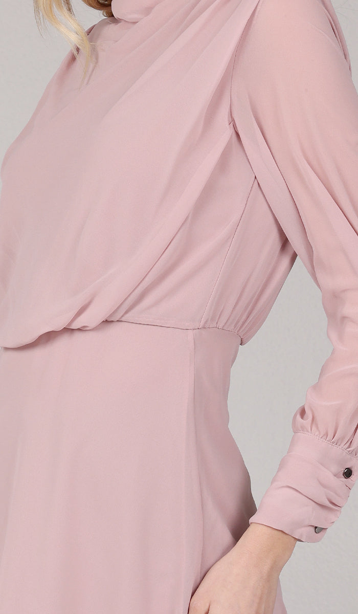 Side details of Myra chiffon tunic in Tearose. 