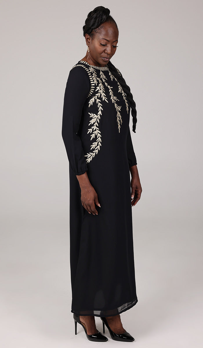 Nawal Modest Long Formal Gold Embellished Maxi Dress - Black - Final Sale