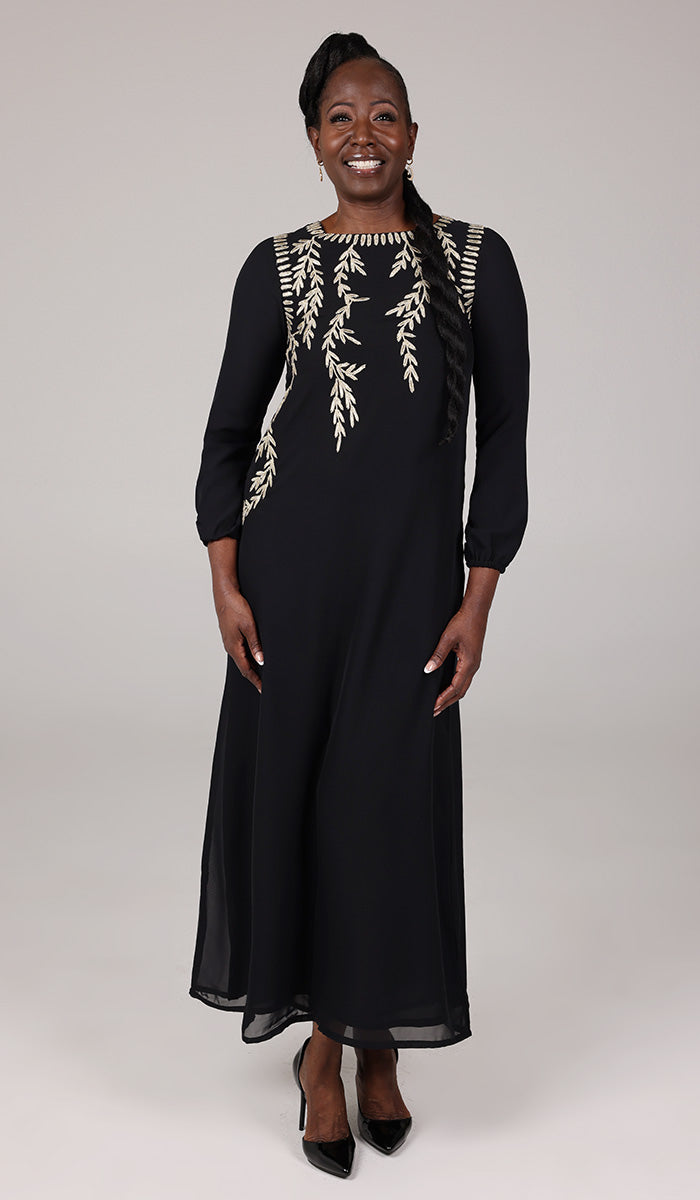 Nawal Modest Long Formal Gold Embellished Maxi Dress - Black - Final Sale