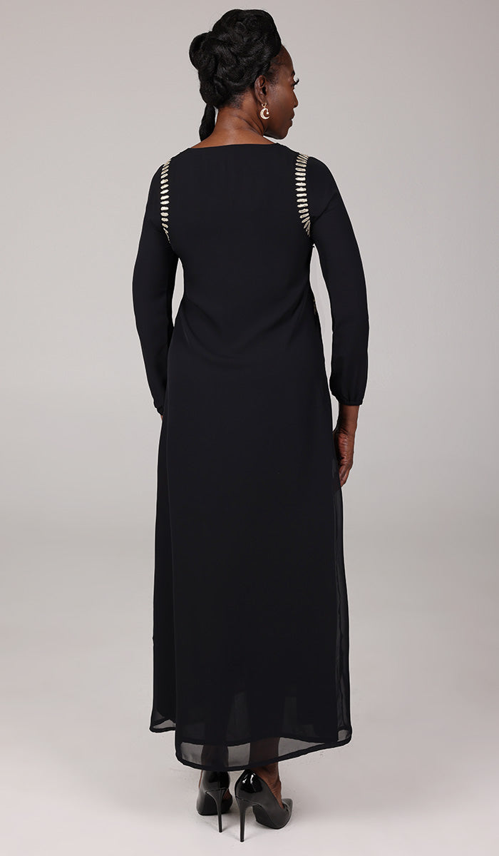 Nawal Modest Long Formal Gold Embellished Maxi Dress - Black - Final Sale