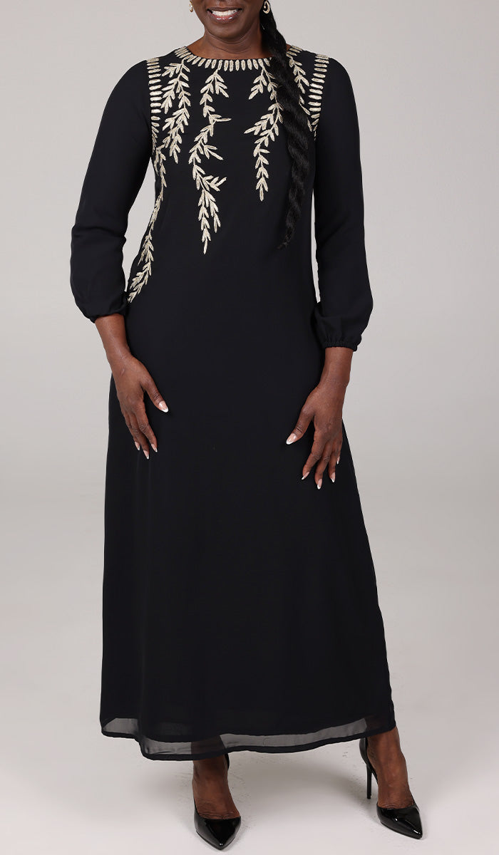 Nawal Modest Long Formal Gold Embellished Maxi Dress - Black - Final Sale