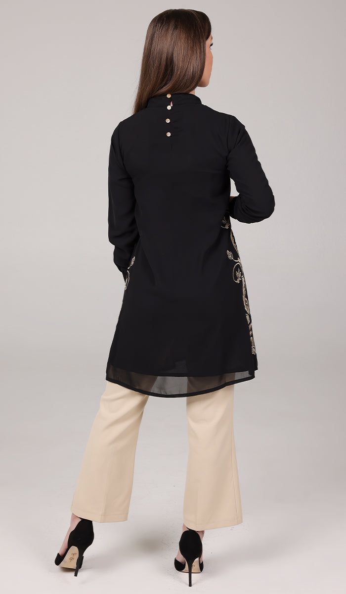 Nyla Gold Embellished Long Modest Tunic - Black