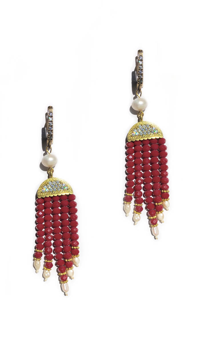 Ruby Red Turkish Tassel Chandelier Earrings