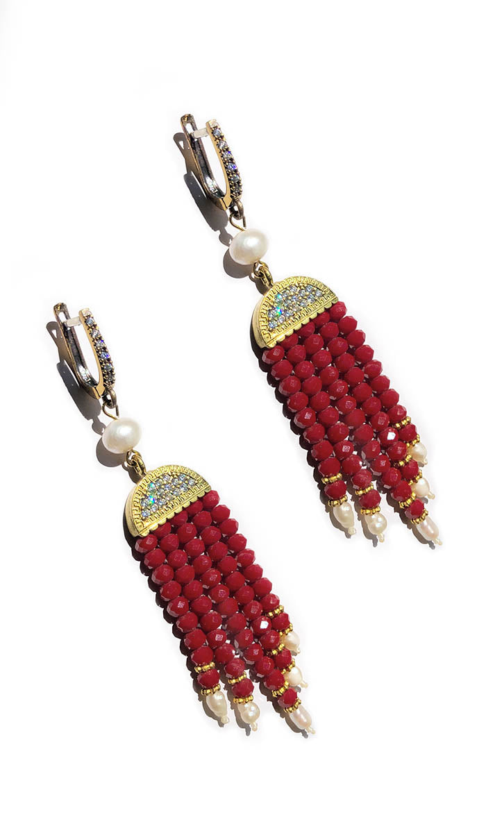 Ruby Red Turkish Tassel Chandelier Earrings