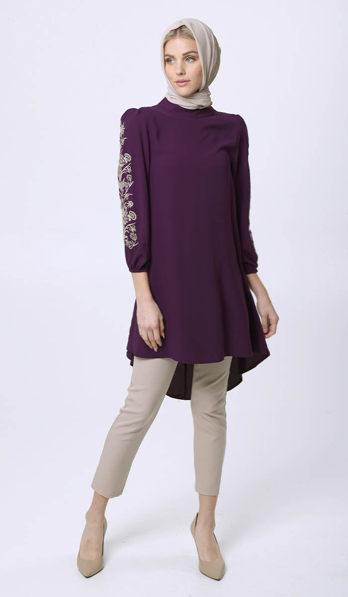 Seher Embroidered Modest Midi Tunic Dress - Violet - FINAL SALE