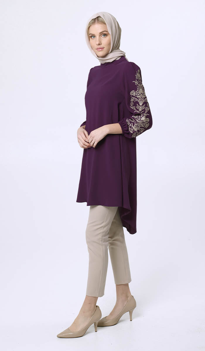 Seher Embroidered Modest Midi Tunic Dress - Violet - FINAL SALE