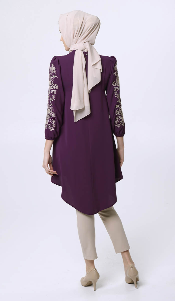 Seher Embroidered Modest Midi Tunic Dress - Violet - FINAL SALE