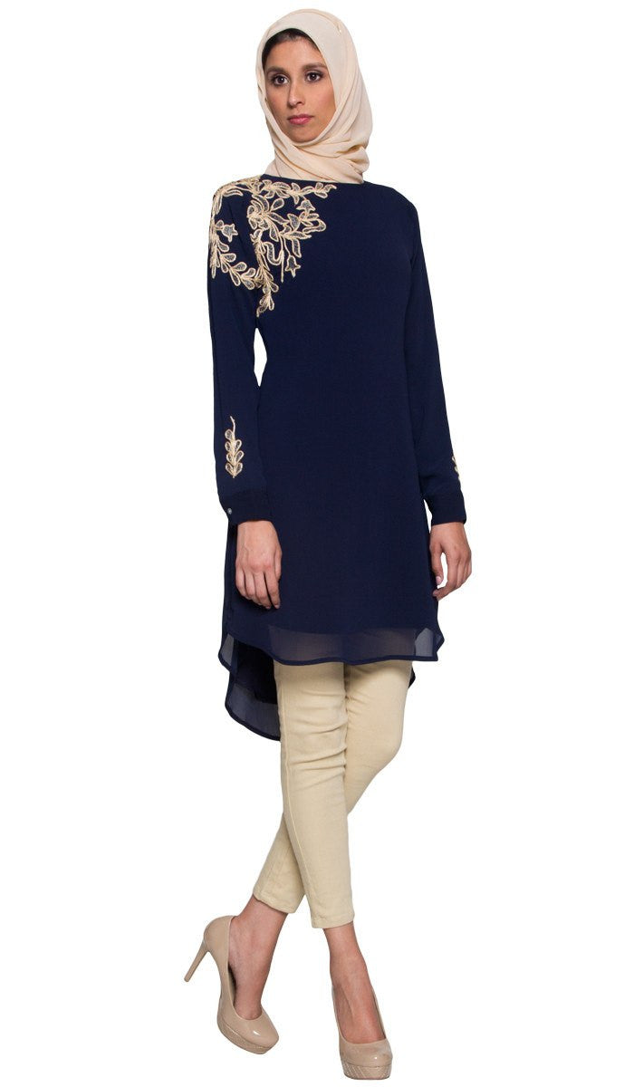 Selena Embroidered Long Modest Muslim Tunic - Navy Blue