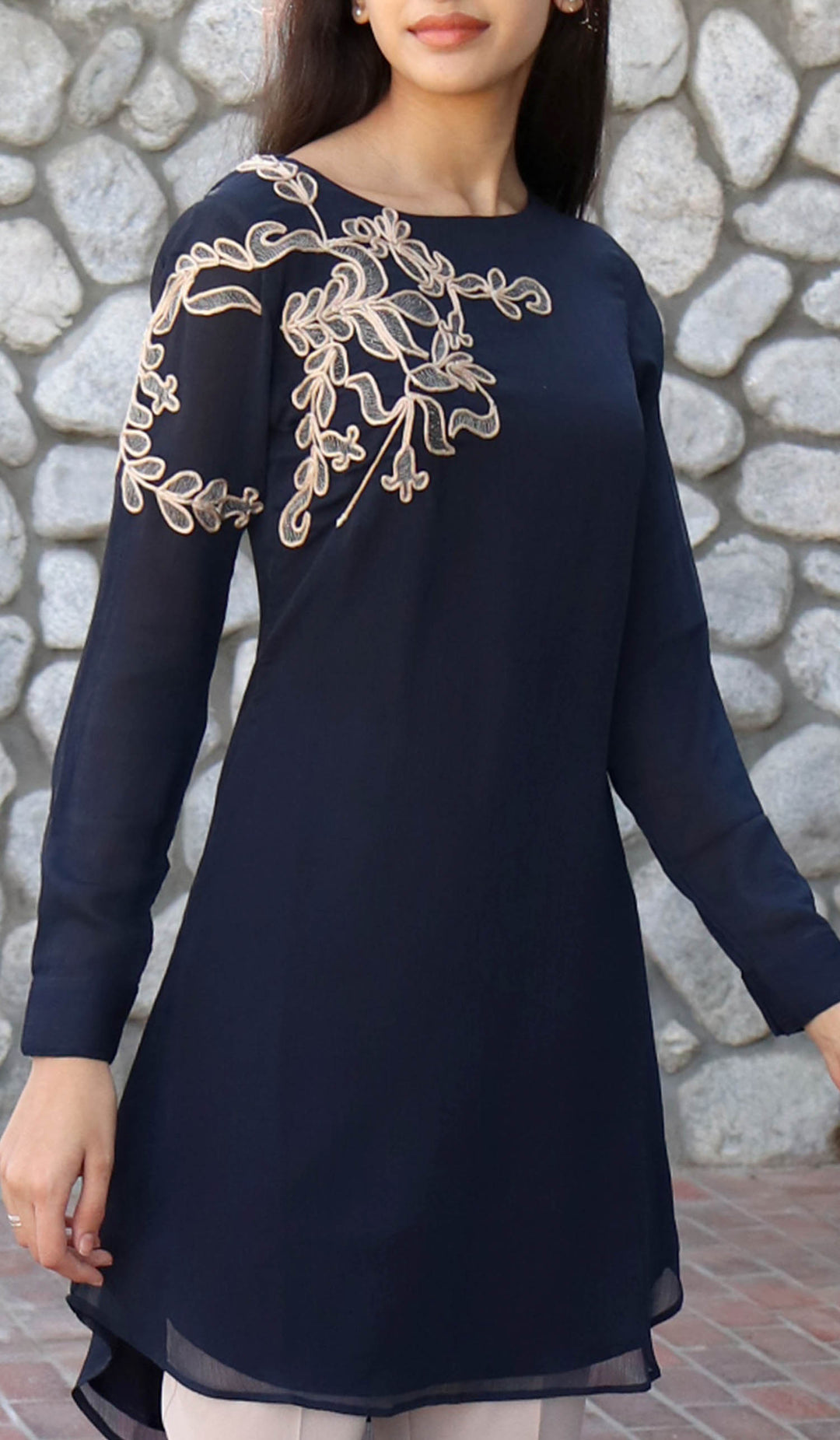 Woman wearing Selena Embroidered Long Modest Tunic in Navy Blue.