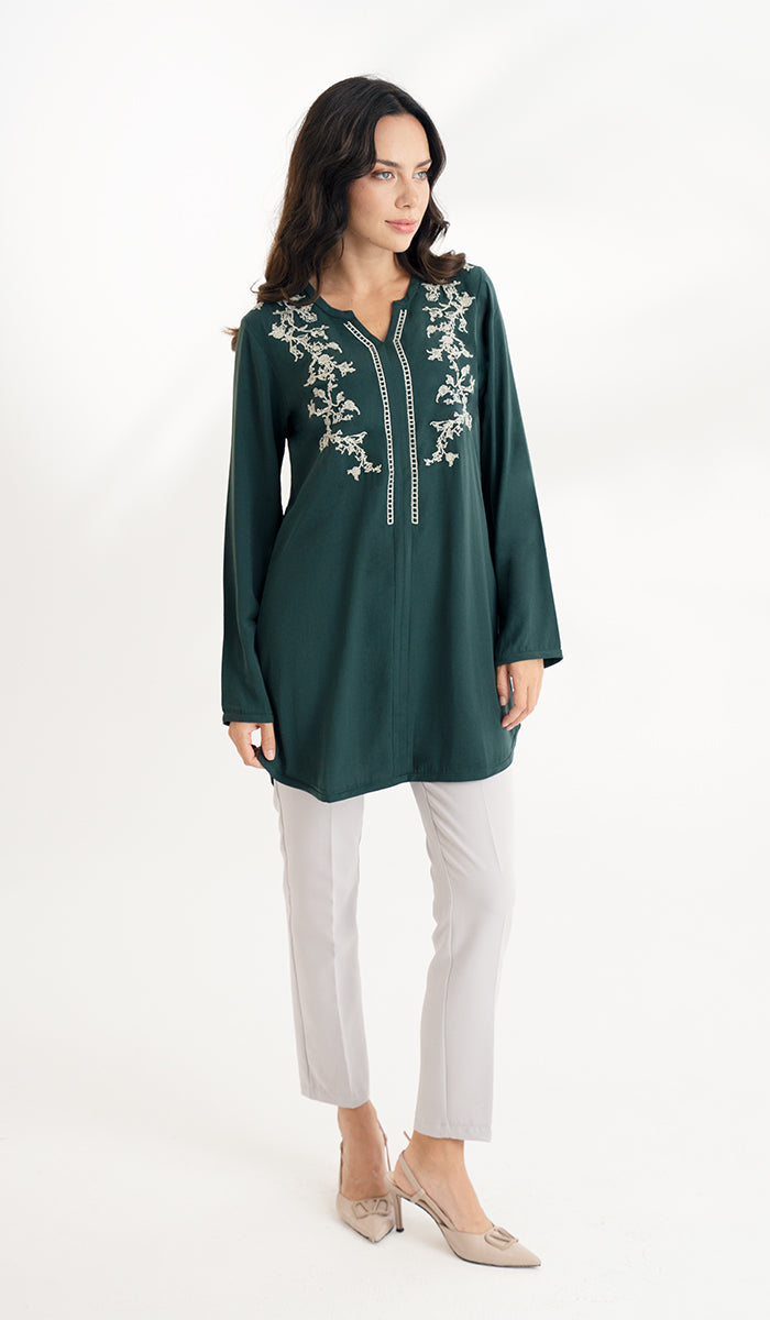 Shermin Embroidered Long Modest Tunic - Forest