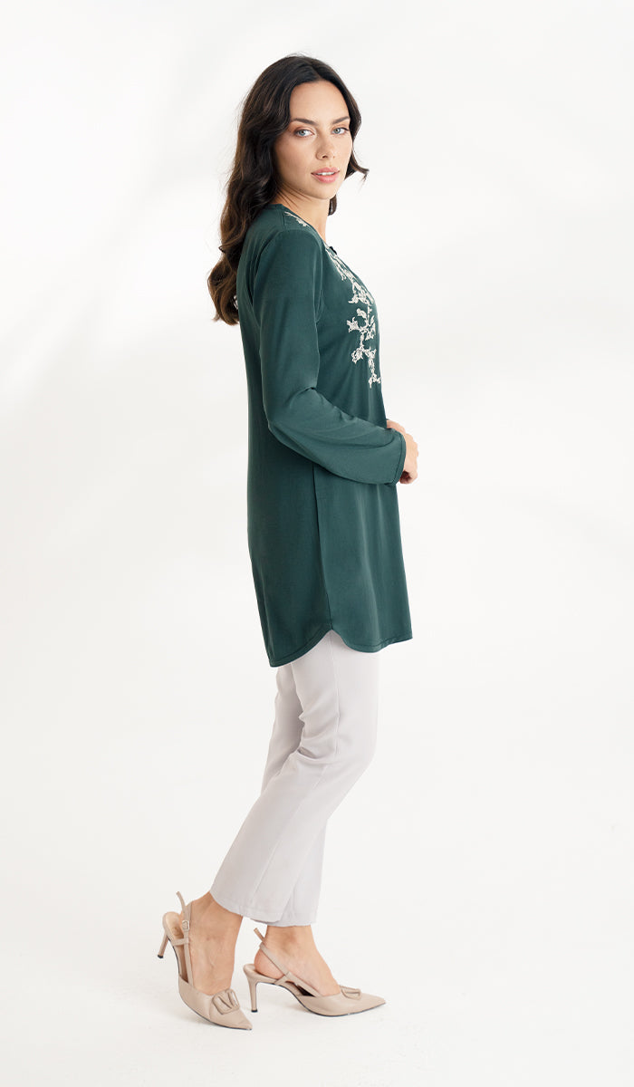 Shermin Embroidered Long Modest Tunic - Forest