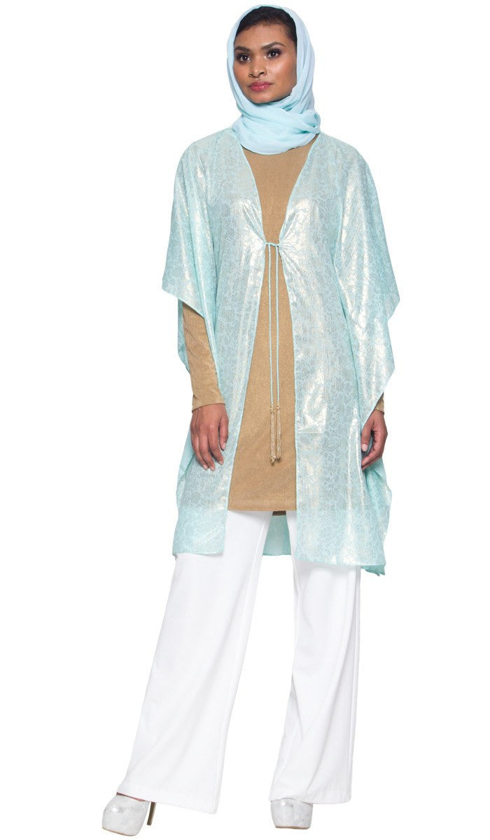 Shimmer Chiffon Floral Print Poncho - Aqua