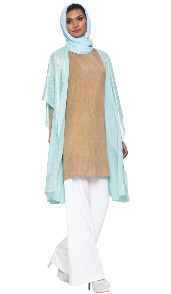 Shimmer Chiffon Floral Print Poncho - Aqua