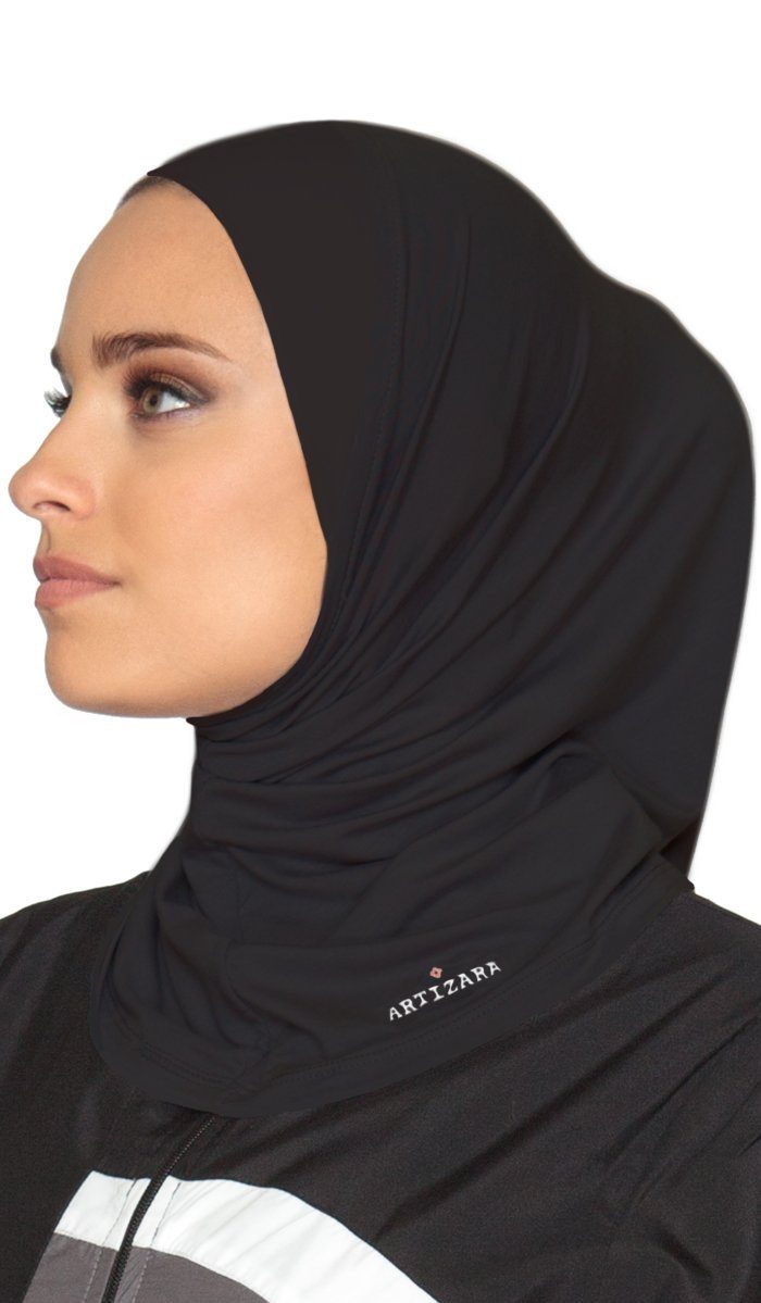 Side view of woman wearing sports hijab in Black.