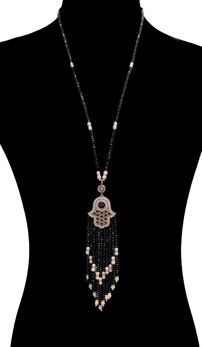 Turkish Artisan Small Jeweled Khamsa Tassel Necklace - Black - Final Sale