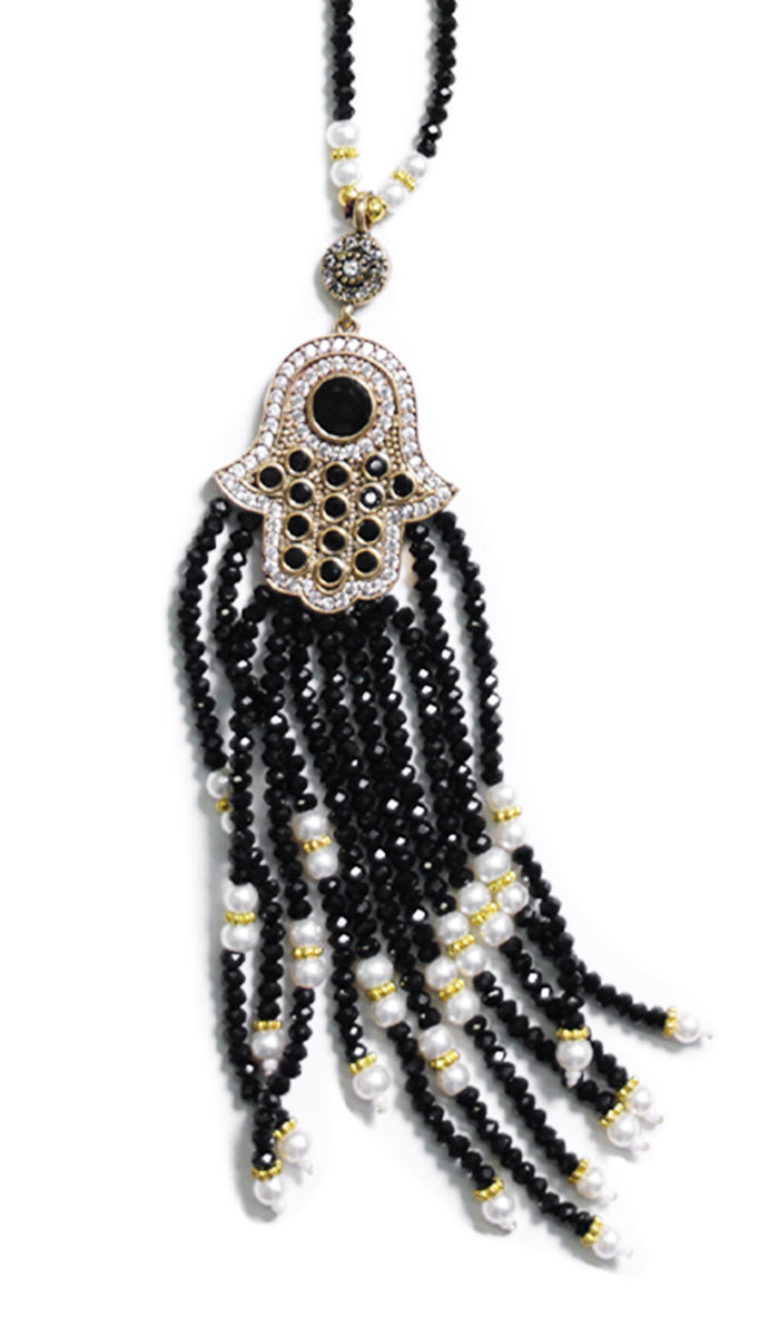 Turkish Artisan Small Jeweled Khamsa Tassel Necklace - Black - Final Sale