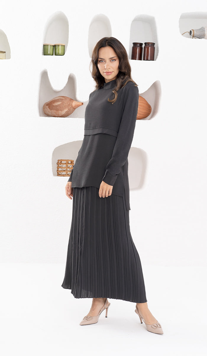 Valia Pleated Long Maxi Skirt - Black