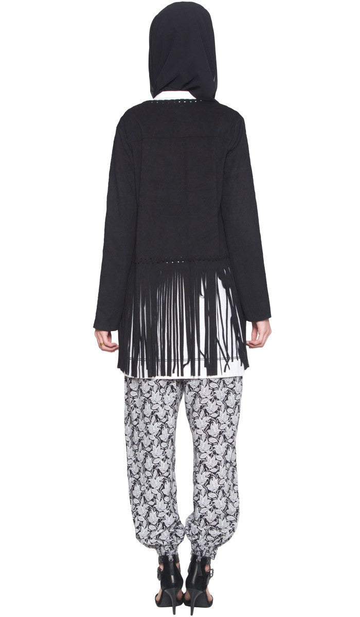 Karin Faux Suede Light Long Fringed Jacket - Black - ARTIZARA.COM