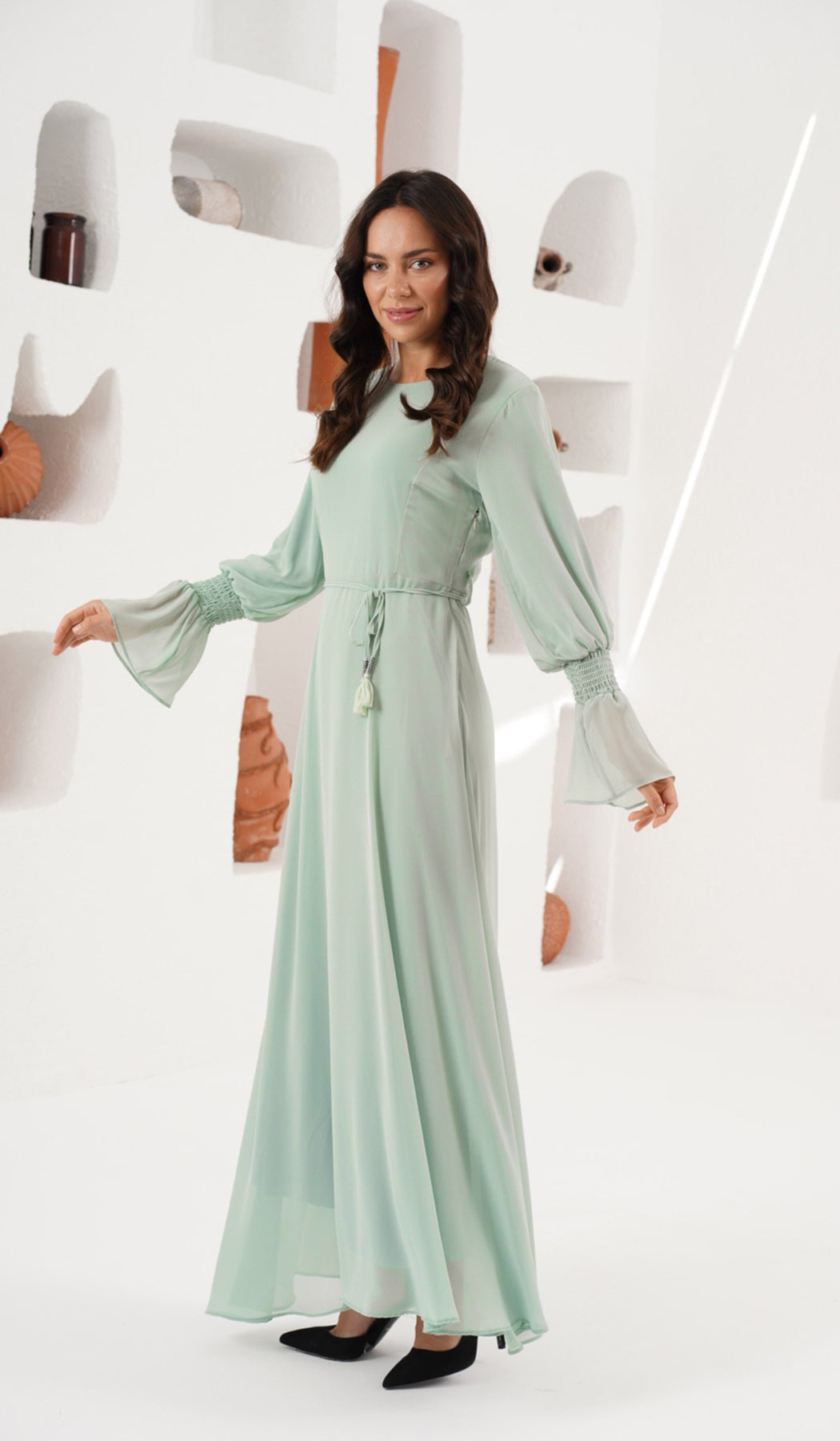 Merve Modest Long Chiffon Maxi Dress - Seafoam - Final Sale