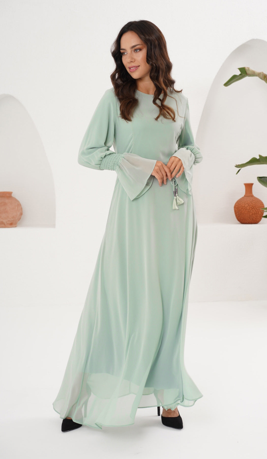 Robe longue en mousseline de soie modeste Merve - Écume de mer