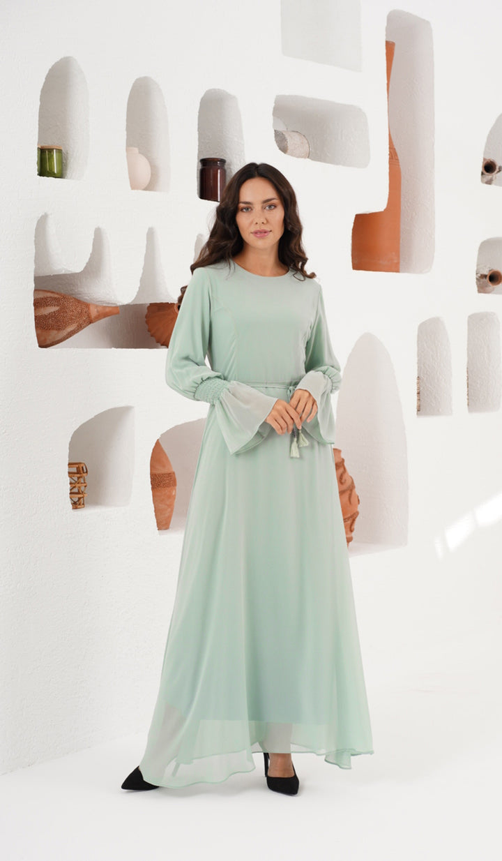 Robe longue en mousseline de soie modeste Merve - Écume de mer