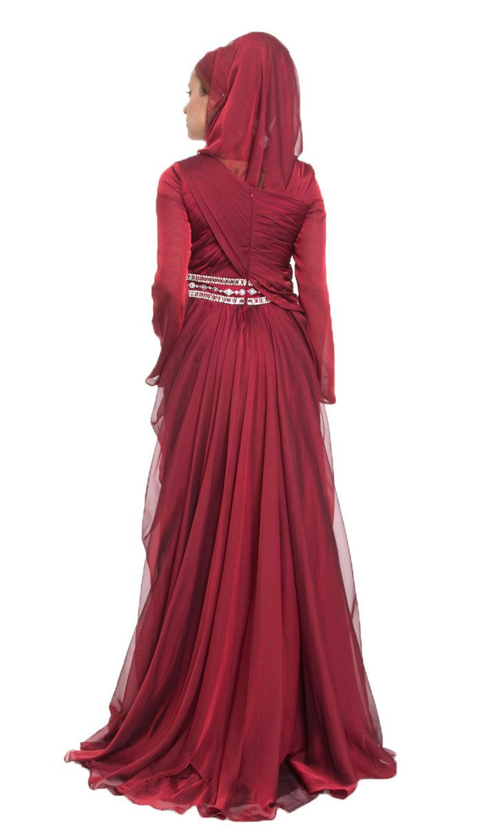 Michel Long Sleeve Modest Muslim Formal Evening Dress - Maroon Red - ARTIZARA.COM