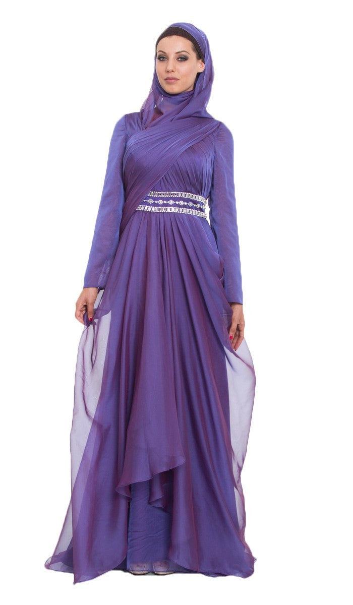 Michel Long Sleeve Silk Chiffon Modest Muslim Formal Evening Dress - Purple - ARTIZARA.COM