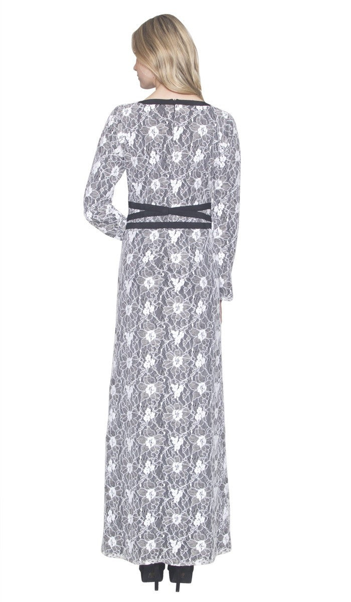 Minka Lace Modest Muslim Evening Dress Abaya - Black and White - ARTIZARA.COM