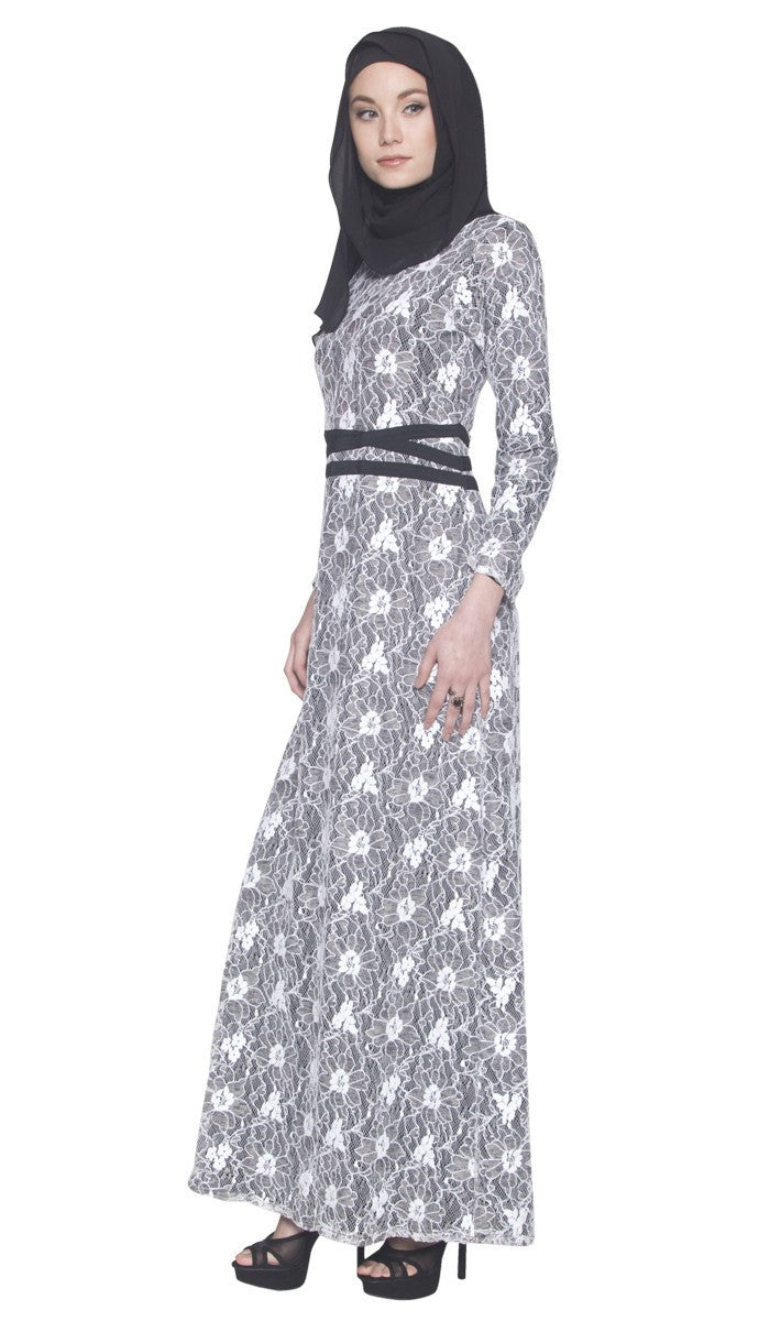 Minka Lace Modest Muslim Evening Dress Abaya - Black and White - ARTIZARA.COM